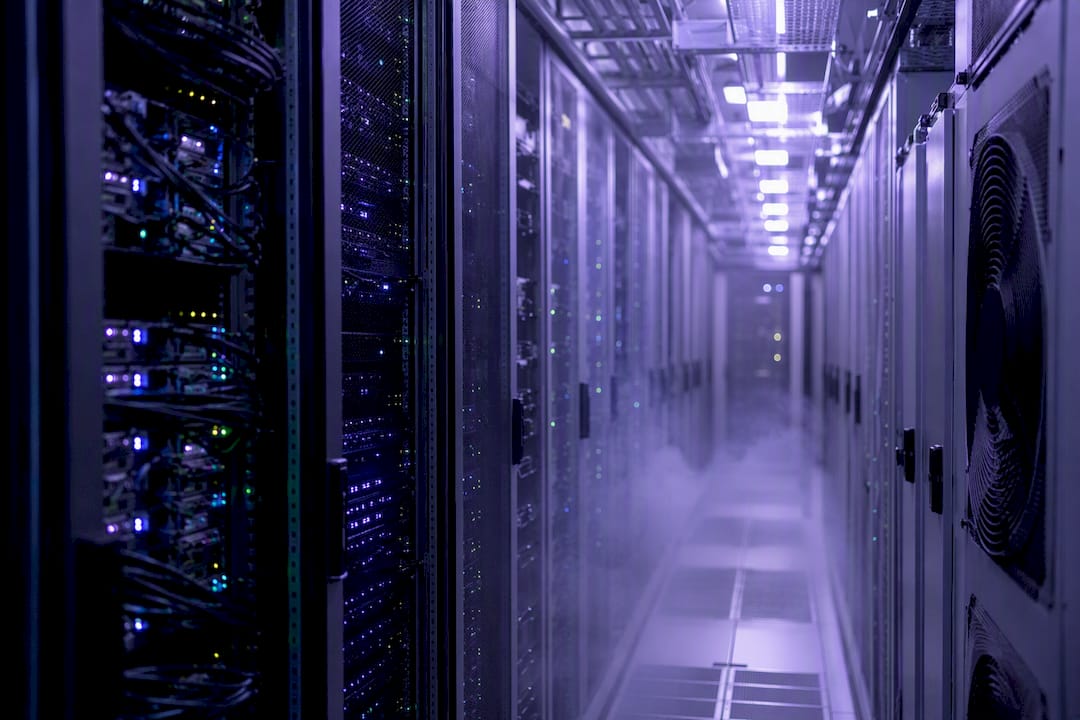 Data center racks with ambient lavender lighting