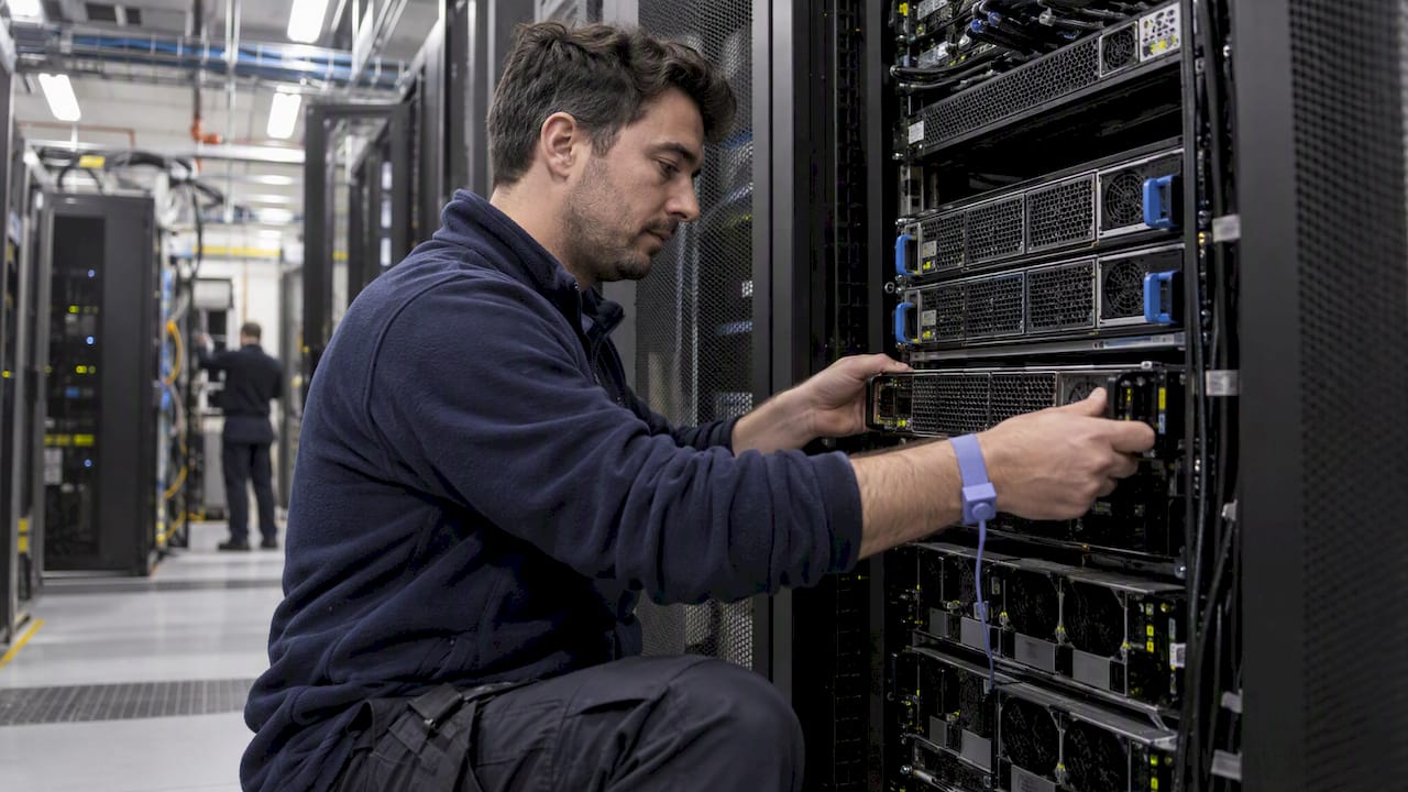 Technician inspecting GPU servers in a data centre