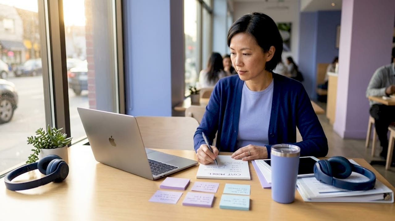Engineer sketches cloud cost model in workspace