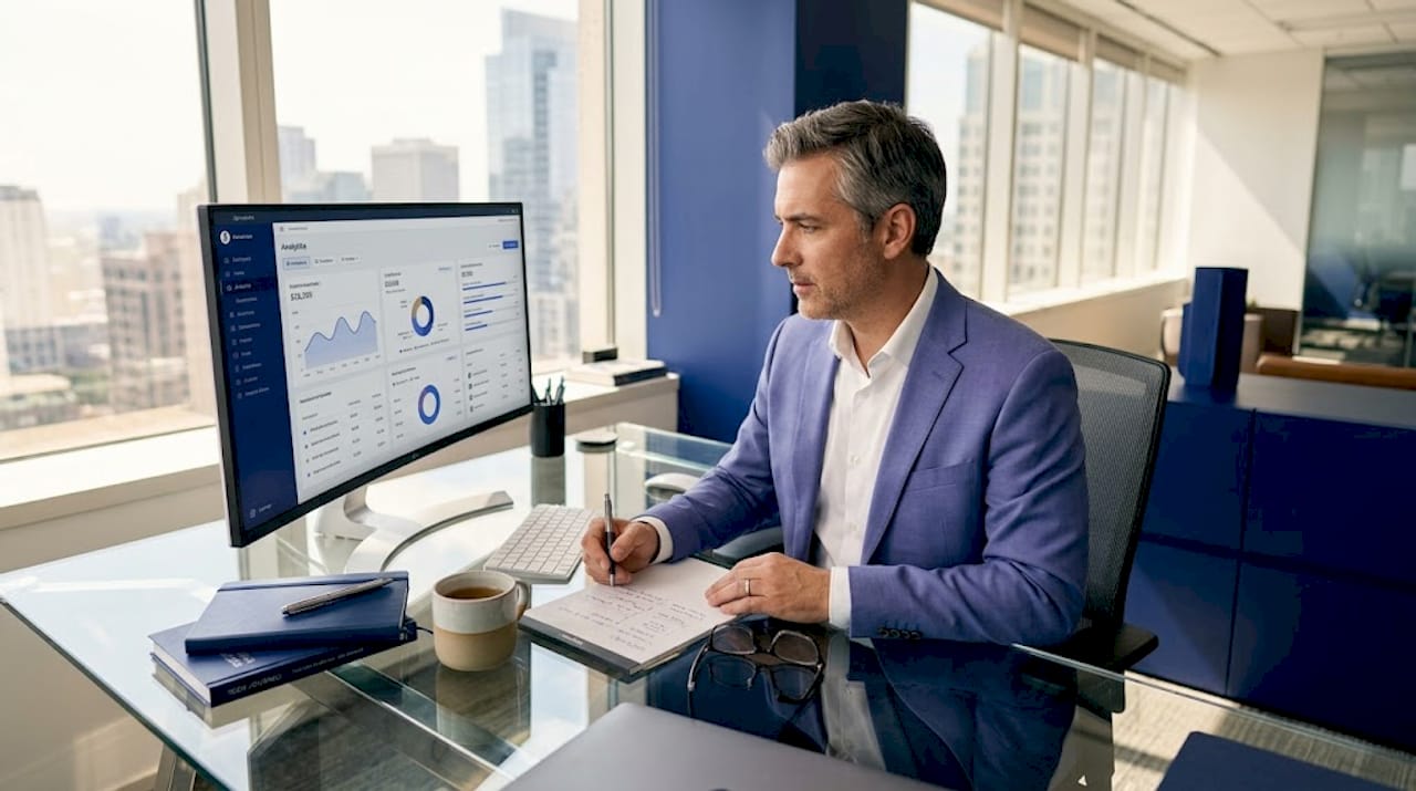 CTO reviews cloud analytics in corner office