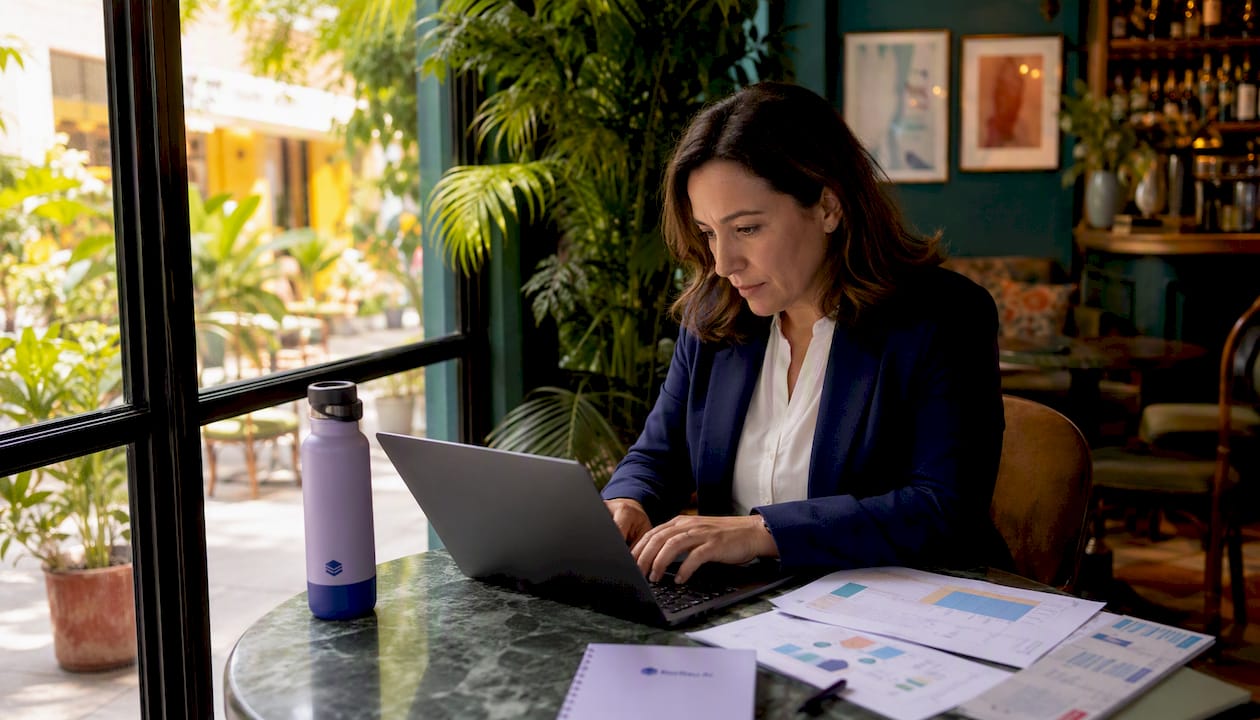 Female engineering leader working at laptop in office