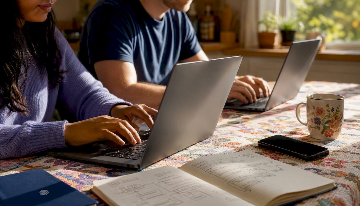 Close-up of engineers' hands typing on keyboard with notes