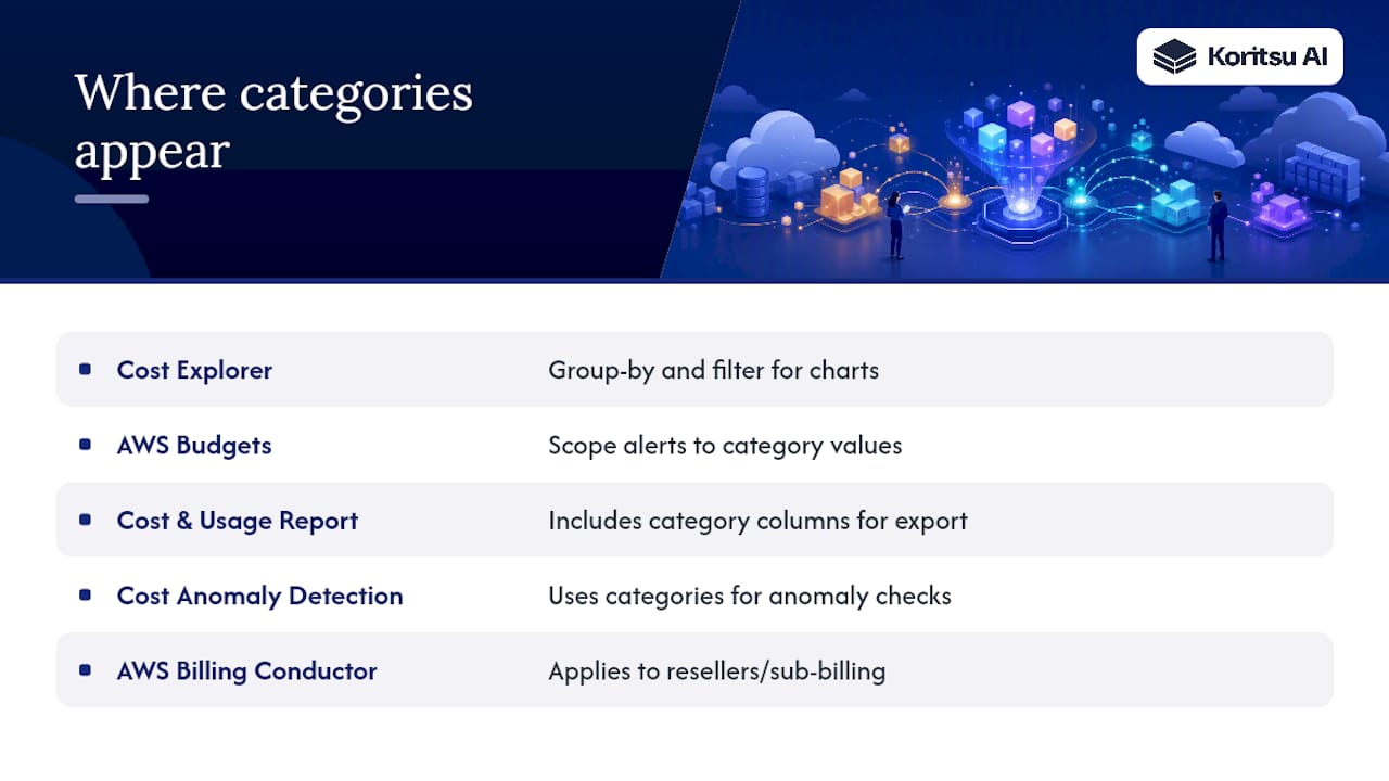 Where Do Cost Categories Show Up Across AWS's Cost Tools, overview diagram