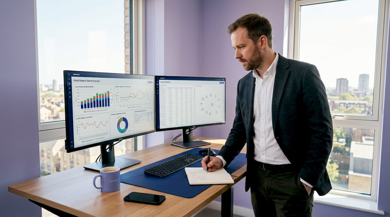 CTO reviewing AI cloud analysis dashboard in office