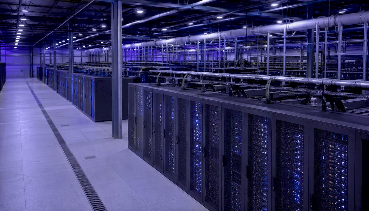 Data storage racks with glowing status lights