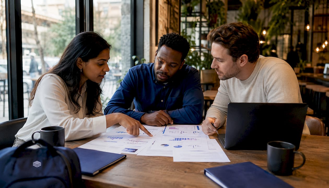 Team collaborating on cloud cost dashboard in office