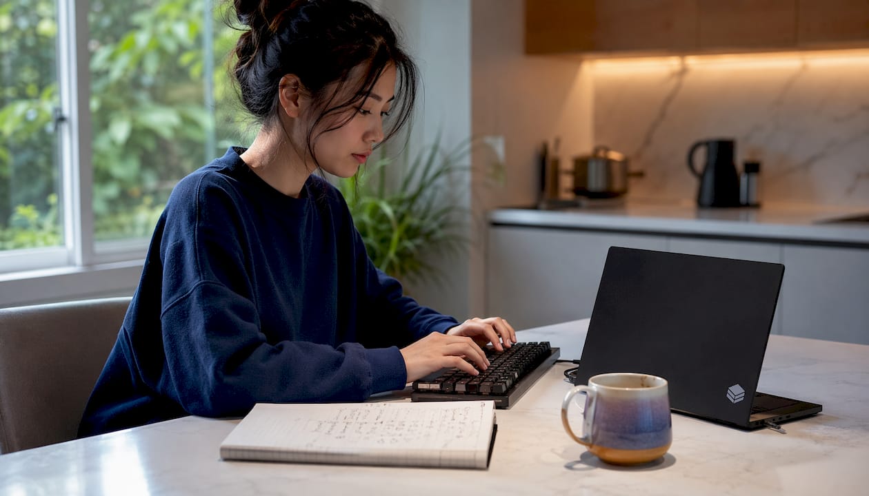 Hands typing near laptop with notes on caching
