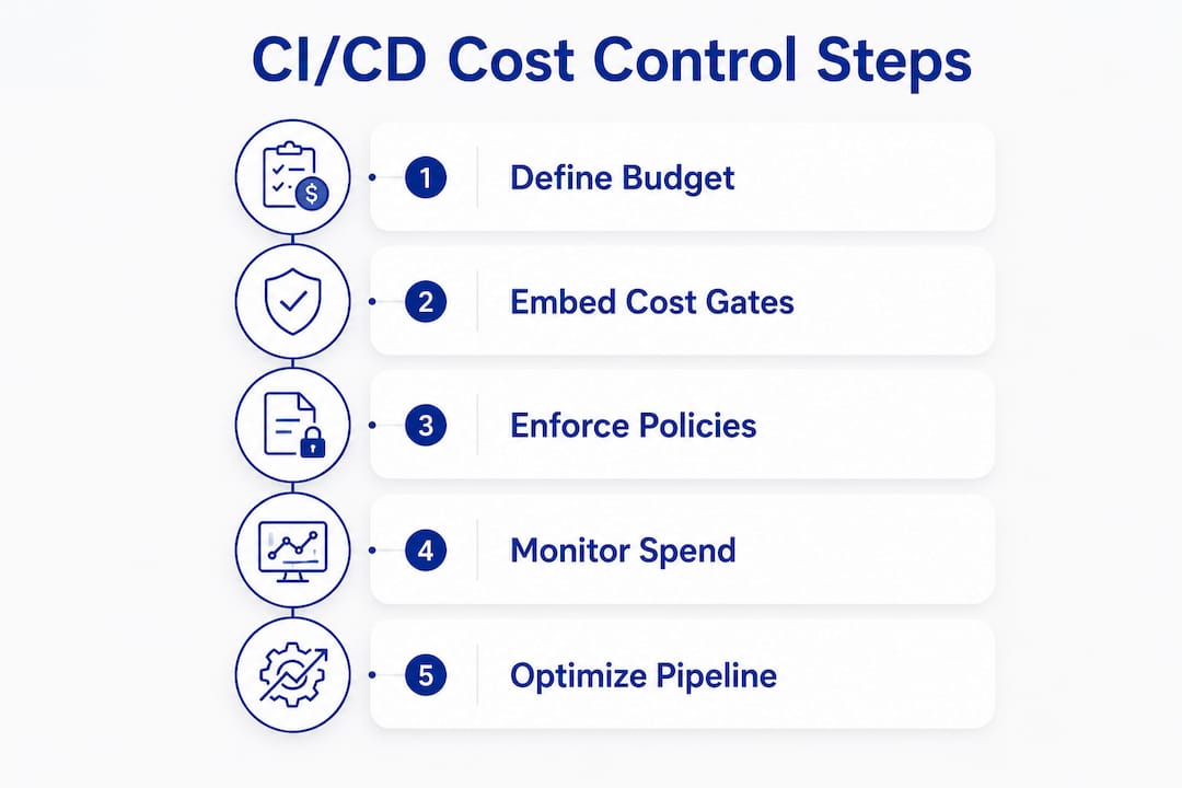 Infographic showing five steps of CI/CD cost control