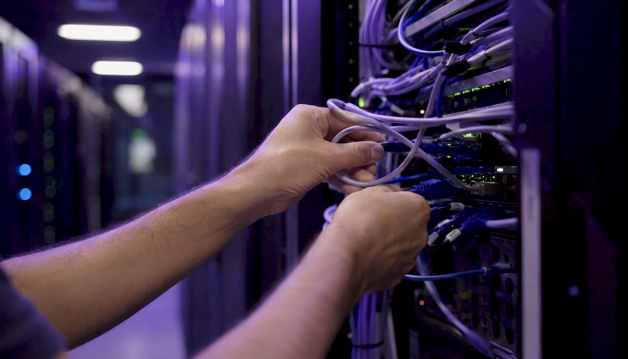 Hands adjusting cables in cloud data center rack