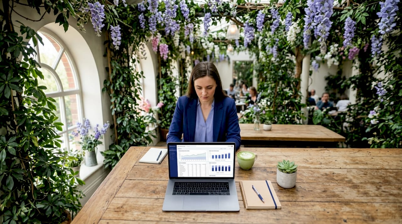 Scientist reviewing cloud cost dashboards in café