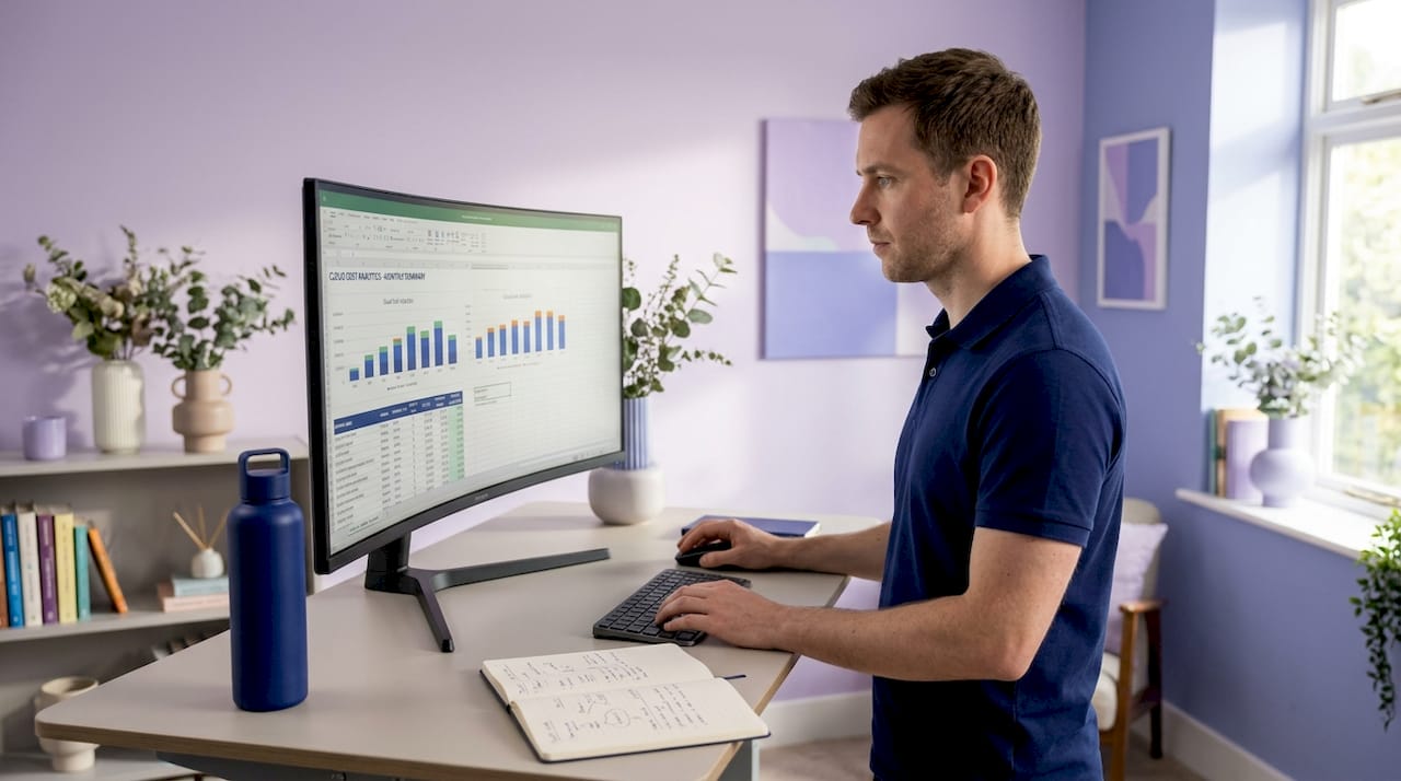 Engineer analyzing cloud cost analytics at home office