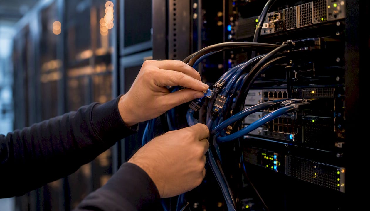 Hands connecting cables in cloud data center