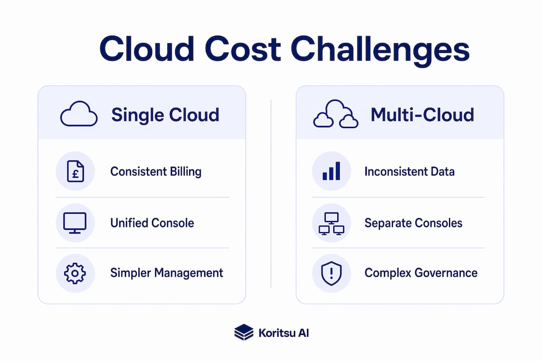 Infographic comparing single cloud vs. multi-cloud cost challenges