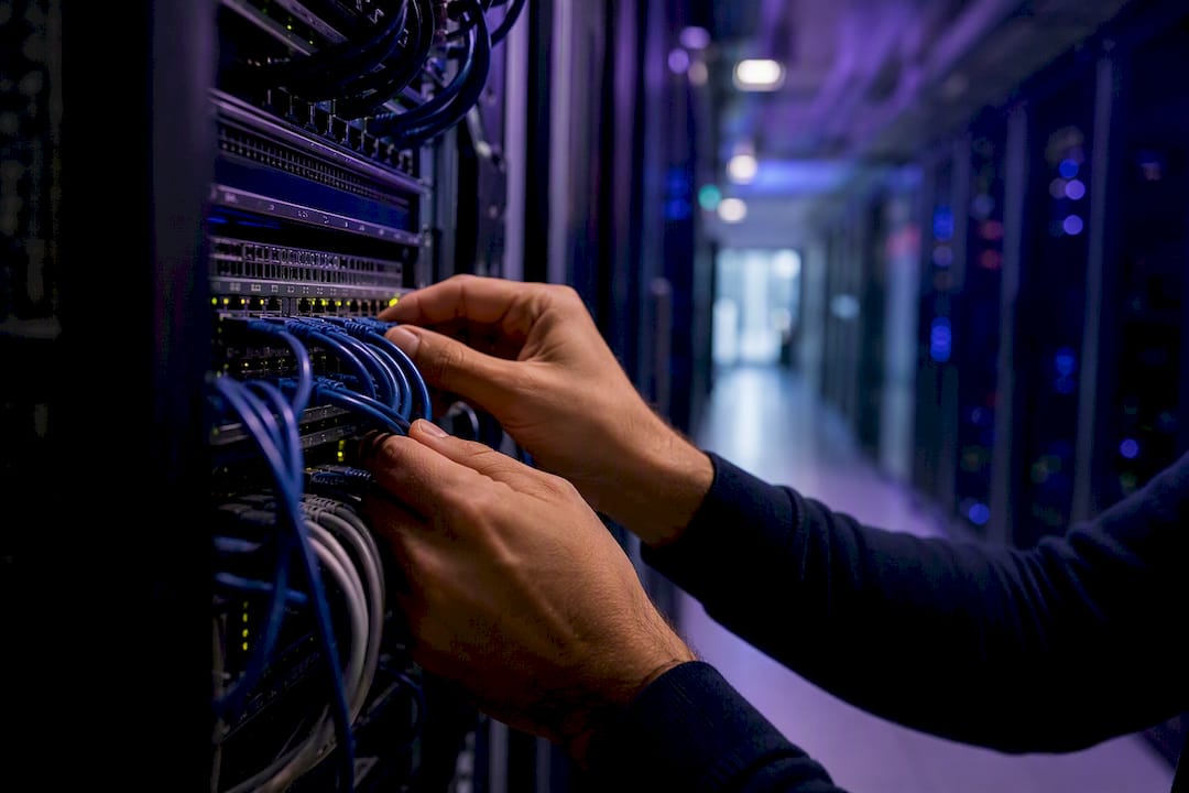 Hands connecting network cable in cloud data center