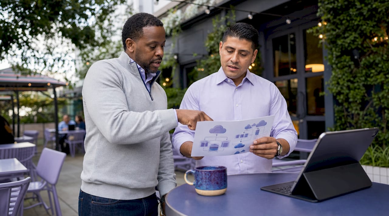 Engineers discussing containerization at workspace