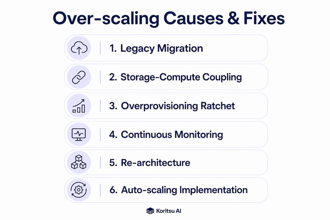 Infographic illustrating cloud over-scaling causes and remedies steps