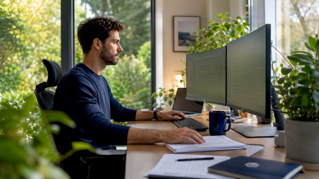 Cloud architect working at standing desk on cloud performance