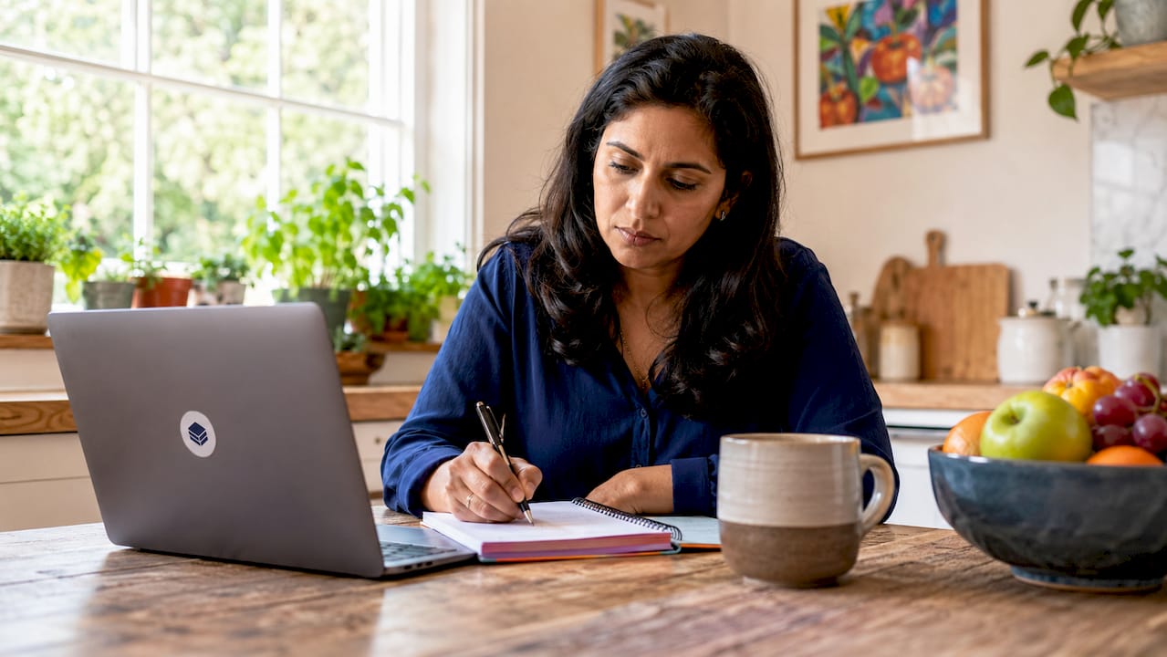 Woman reviewing cloud reservation notes at home desk