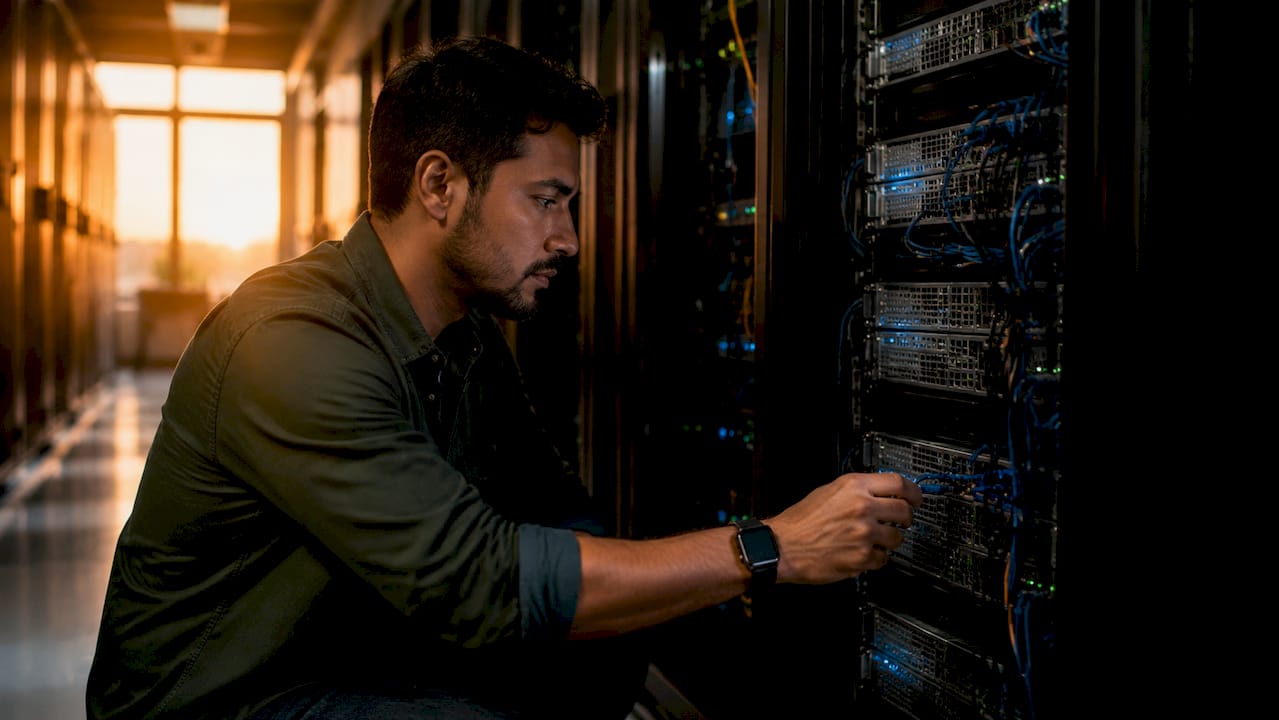 Technician configuring cloud server hardware