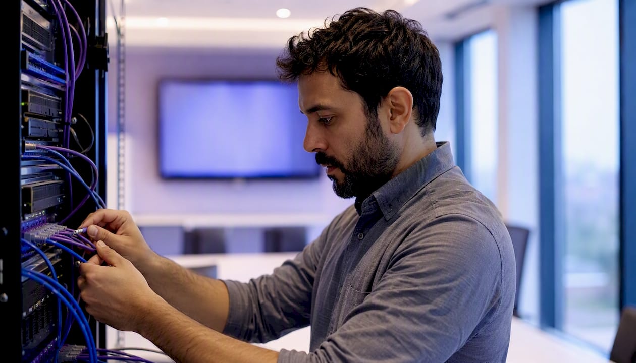 Hands wiring network cables in office