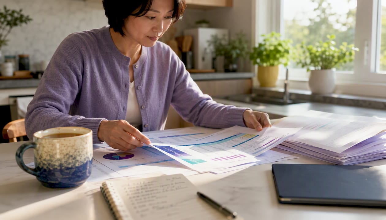 Hands sorting cloud spend data sheets on desk