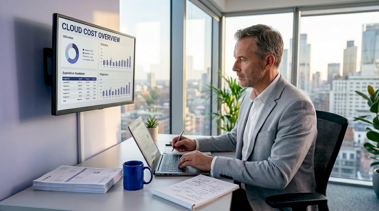 IT leader in office reviewing cloud cost analysis