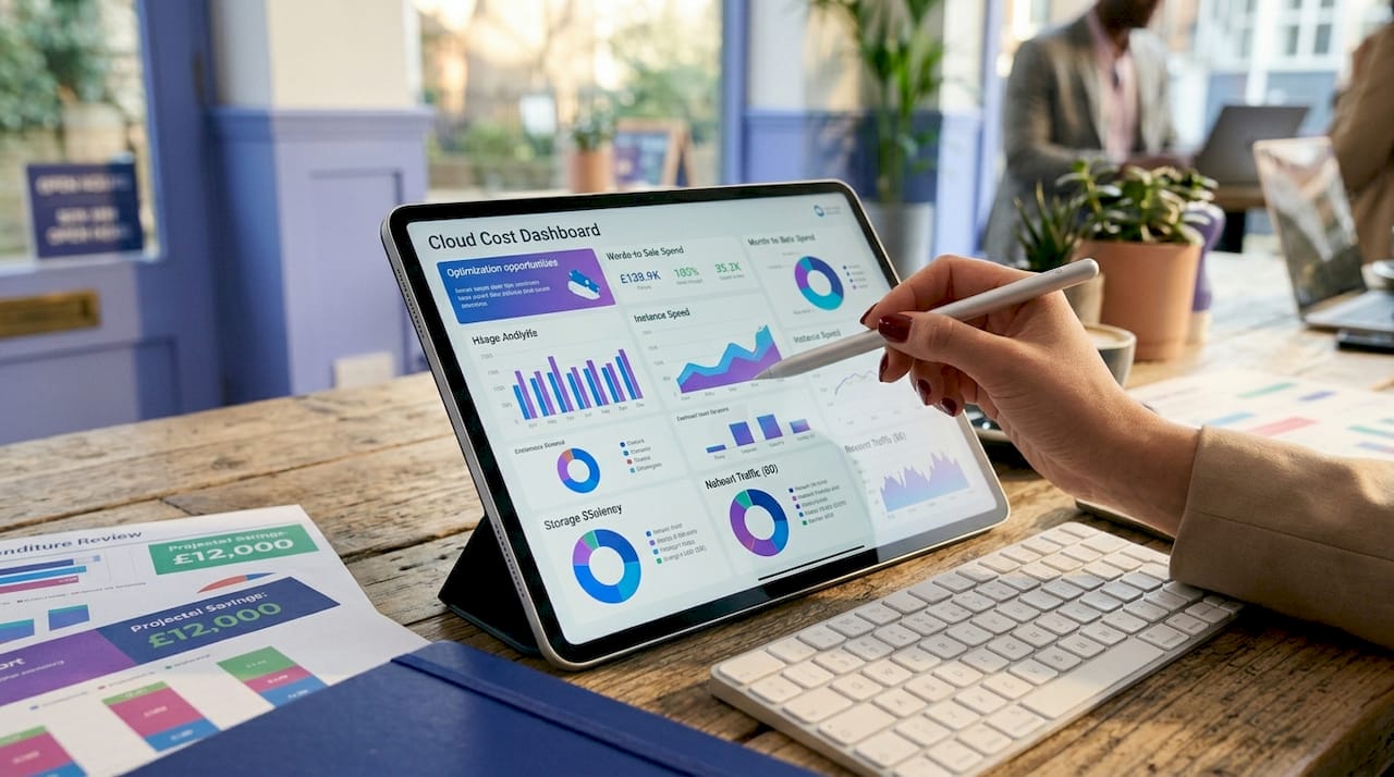 Tablet showing cloud cost dashboard in office