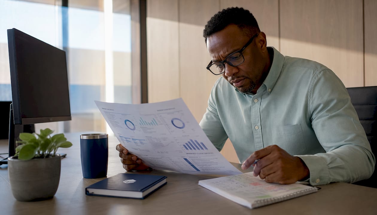 Man reviewing cloud service spreadsheets in small office
