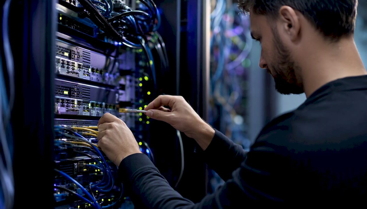 Technician connecting cable to network gateway