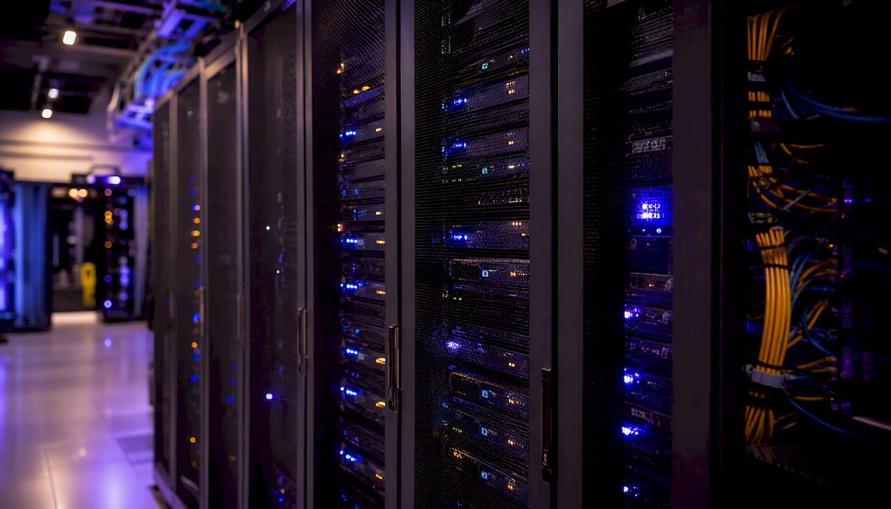 Server rack with status lights glowing