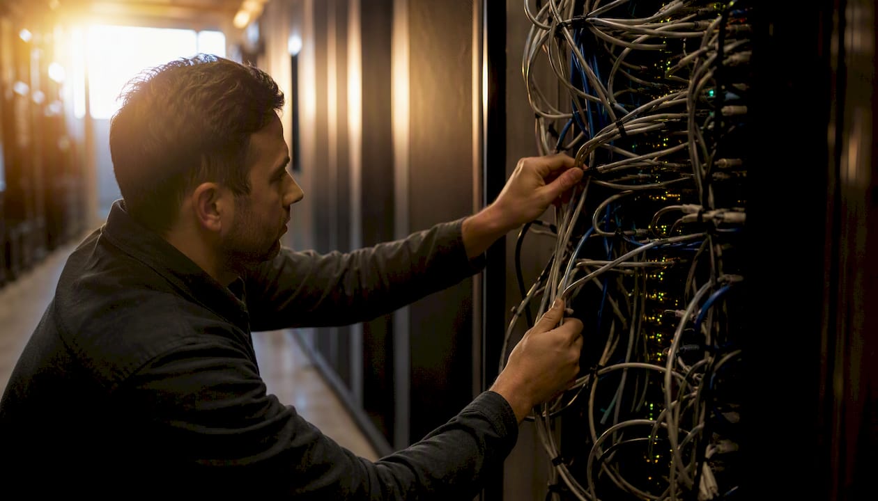 Engineer adjusting cloud server cables