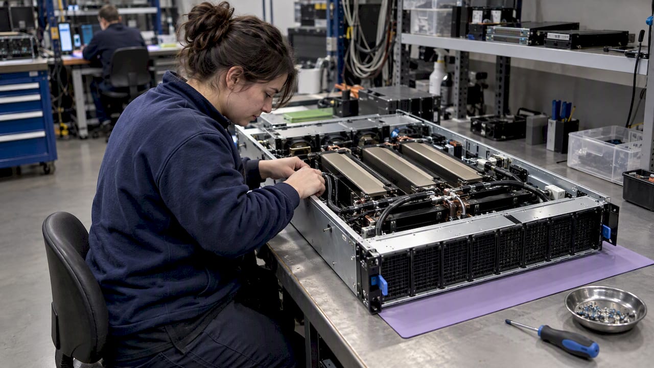Open GPU server chassis on a workbench