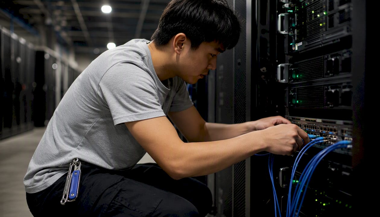 Technician setting up server hardware in data center