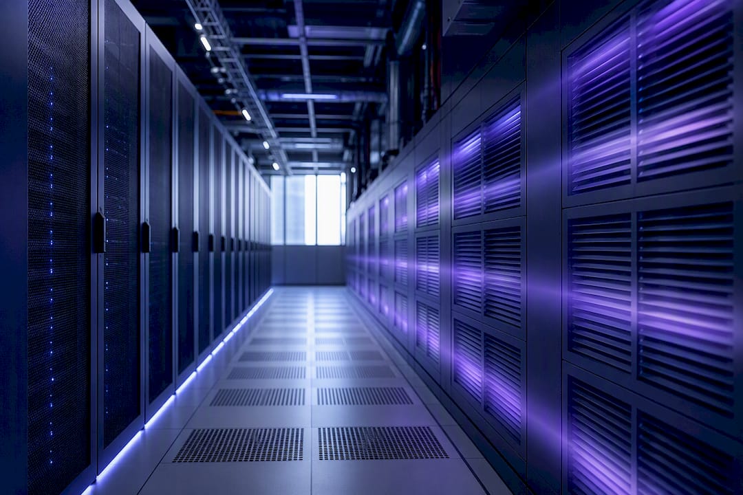 Modern data center aisle with cooling vents and LED lighting