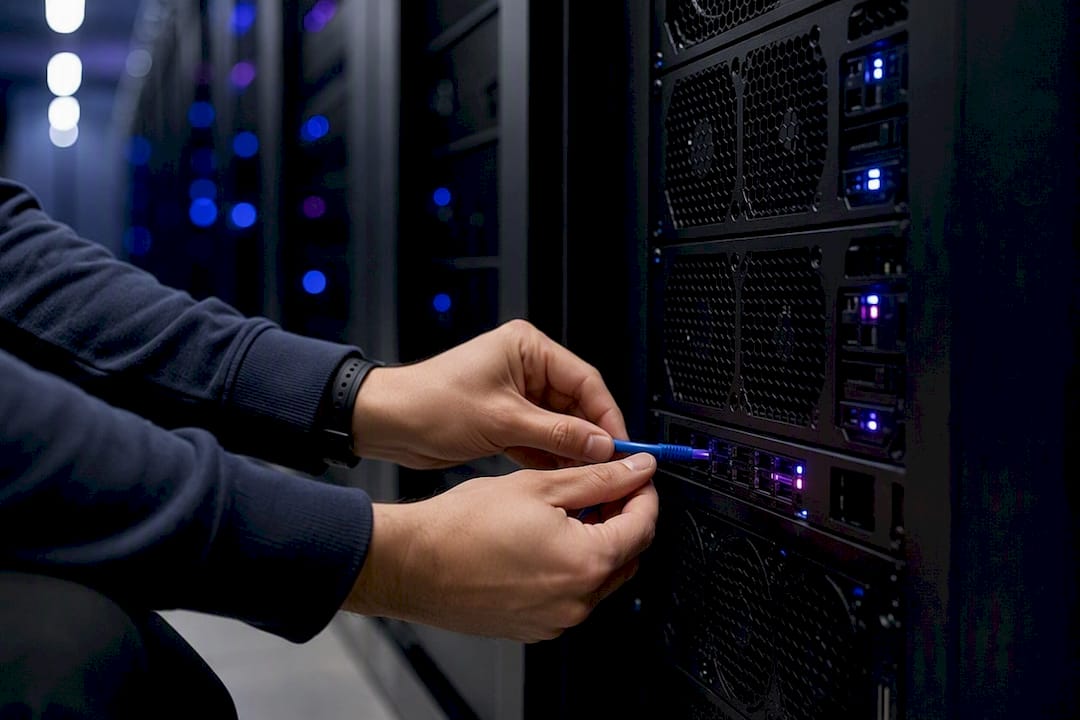 Hands connecting network cable in server rack
