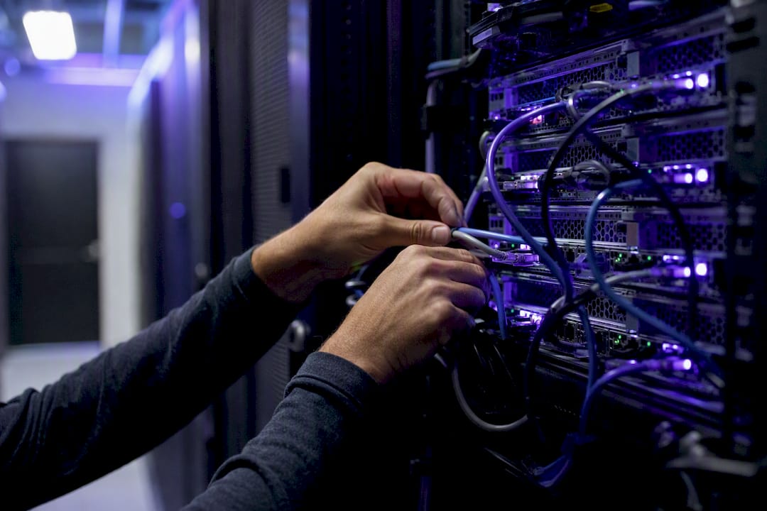 Hands connecting network cables in data center