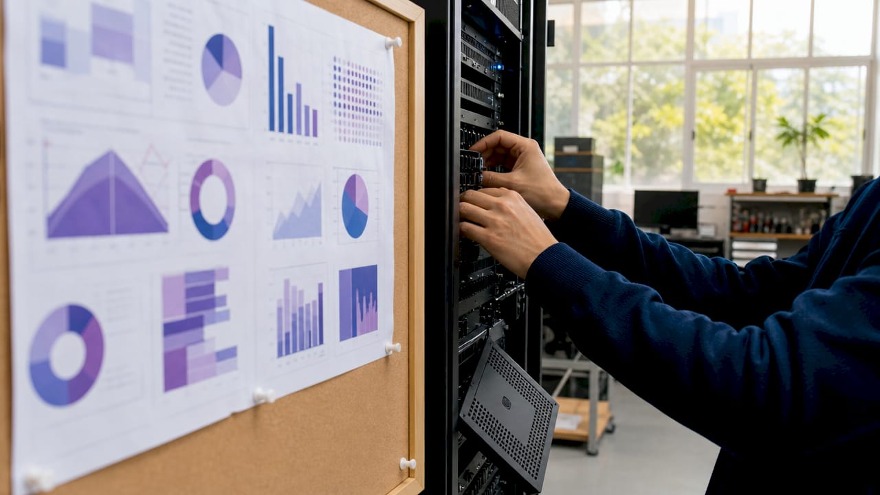 Technician adjusting server rack hardware