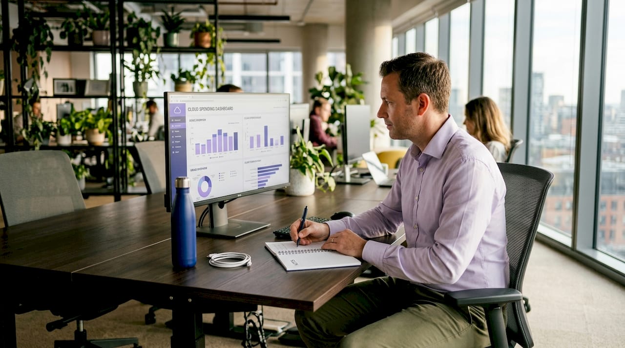 IT manager reviewing cloud costs in open office