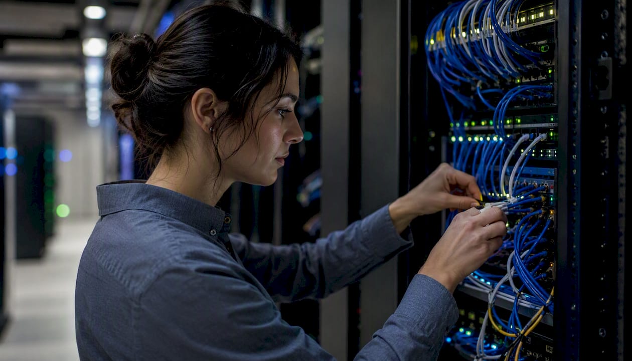 Engineer adjusting cables in data center