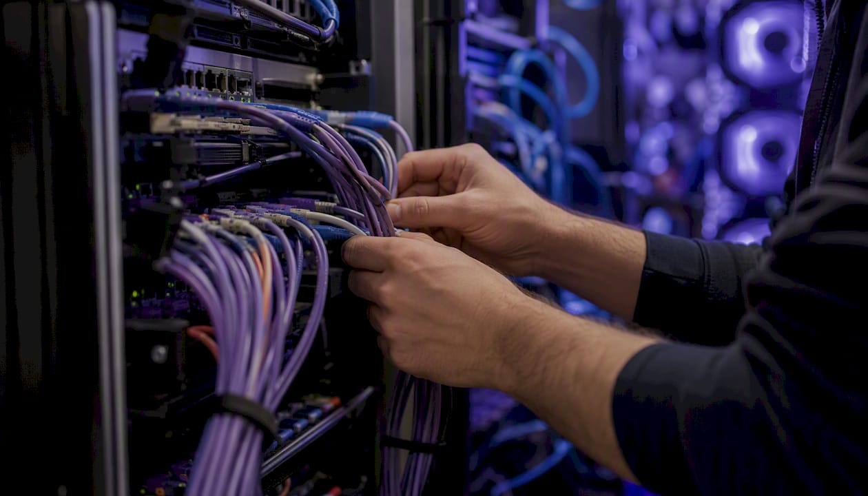 Engineer wiring cables in data center