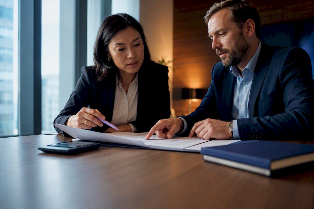 Hands reviewing a success-fee consulting contract