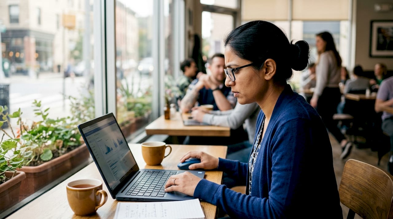 Woman analyzing cloud cost data at home desk