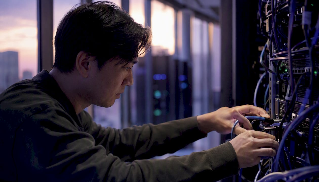 Hands adjusting cables in modern cloud data center